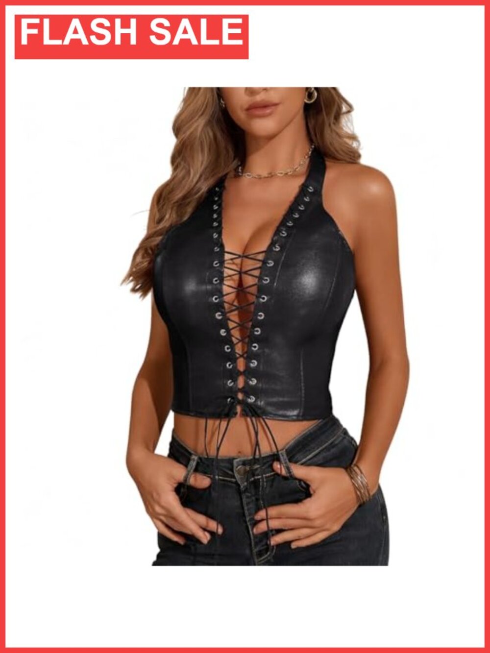 PU Leather Halter Top Lace Up Front Crop Tank Sleeveless Backless Corset